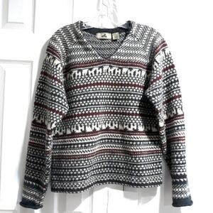 Vintage EMS women's Sweater wool gray white red Nordic pattern V neck size M